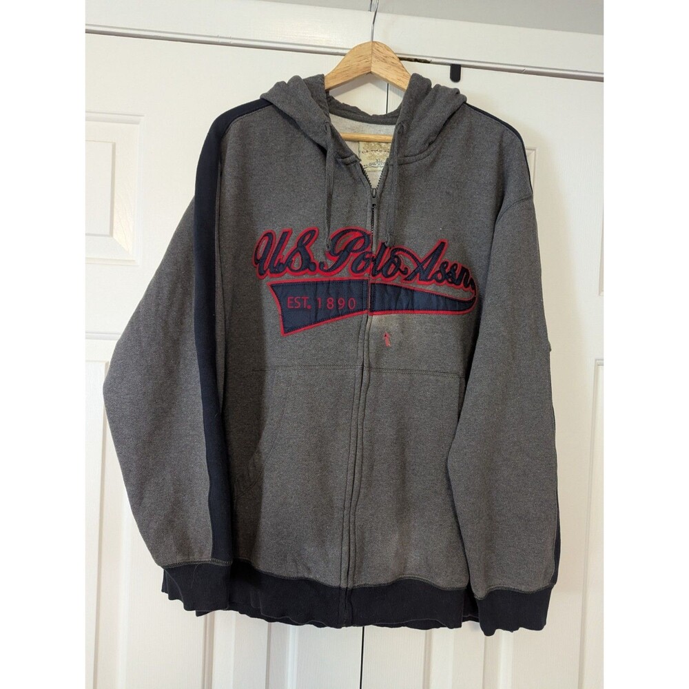 US Polo Assn Hoodie Full Zip Mens XL Gray/Black/Red Vintage Preowned - Picture 1 of 13